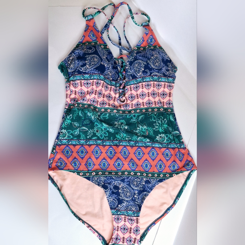 Time and Tru Peach and Teal Swimsuit
